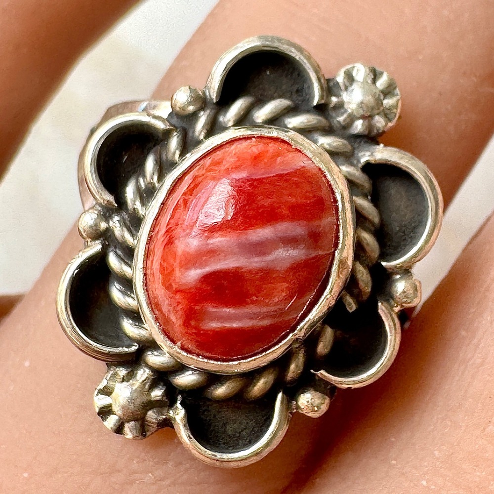 Navajo Flower Ring Red Spiny Oyster Sz 8.5 Sterling Silver Native Signed Morgan